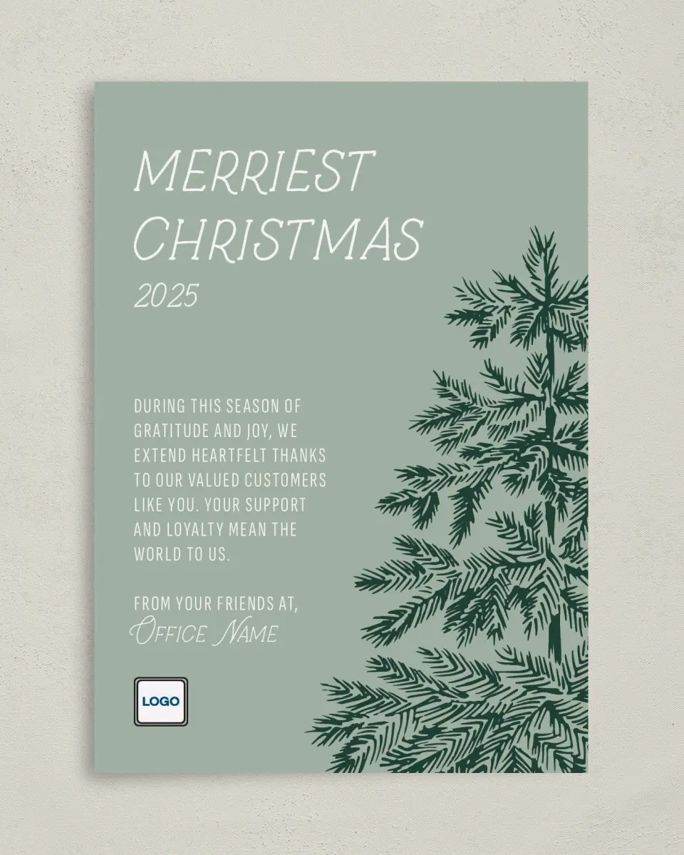 This is a 5" x 7" Christmas Card called Christmas Evergreen printed in full color with Rose Gold foil on Soft Suede (coated) paper