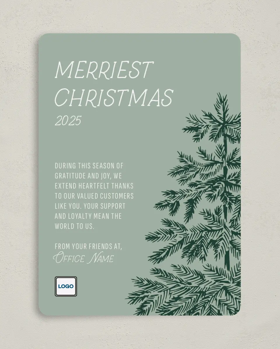 This is a 5" x 7" Christmas Card called Christmas Evergreen printed in full color with Gold foil on Soft Suede (coated) paper
