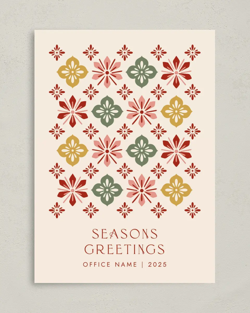 This is a 5" x 7" Christmas Card called Pattern of Peace printed in full color with Rose Gold foil on Soft Suede (coated) paper