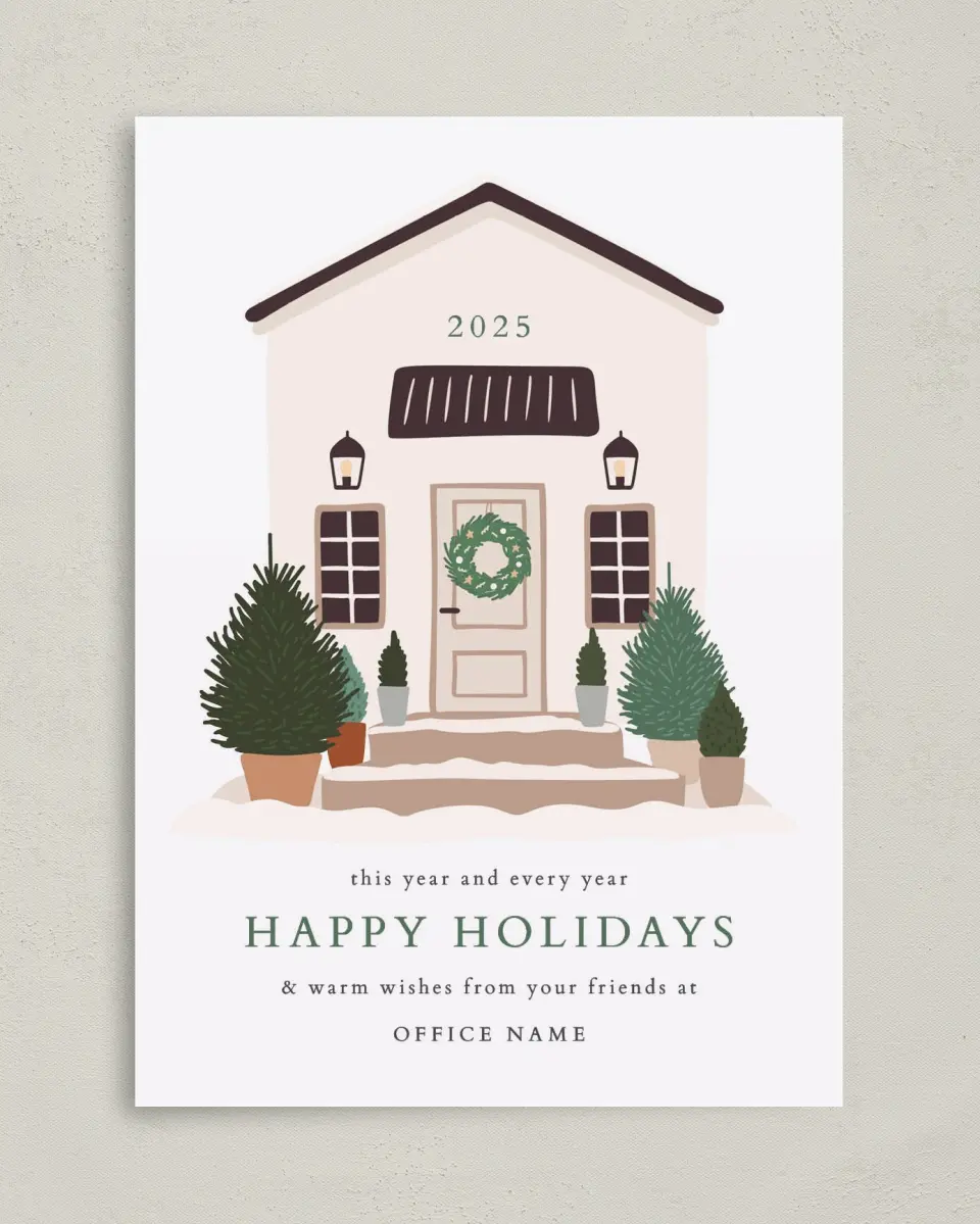 This is a 5" x 7" Christmas Card called Home for Christmas printed in full color with Silver foil on Soft Suede (coated) paper