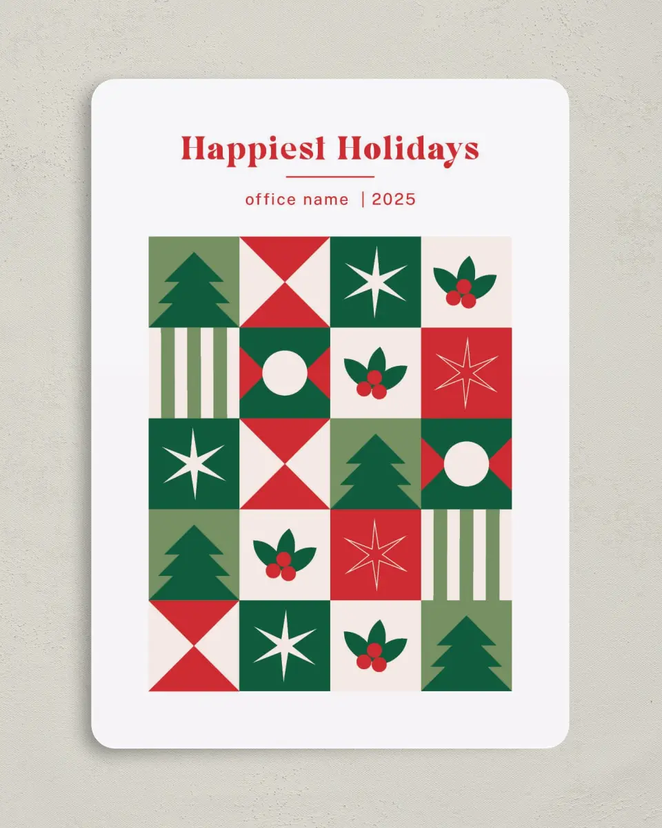 This is a 5" x 7" Christmas Card called Quilted Holiday printed in full color with Rose Gold foil on Soft Suede (coated) paper