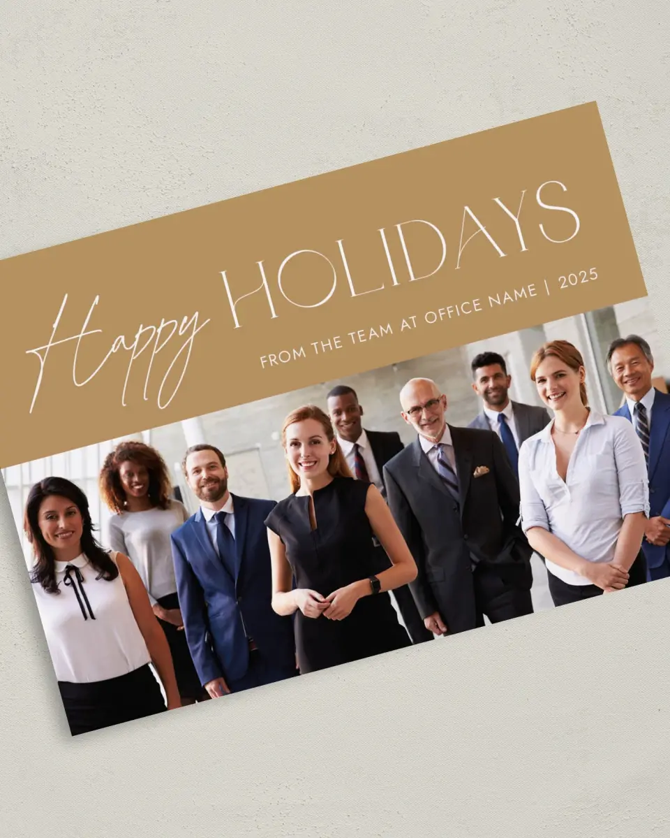 This is a 5" x 7" Christmas Card called Holiday Wishes printed in full color with Gold foil on Soft Suede (coated) paper