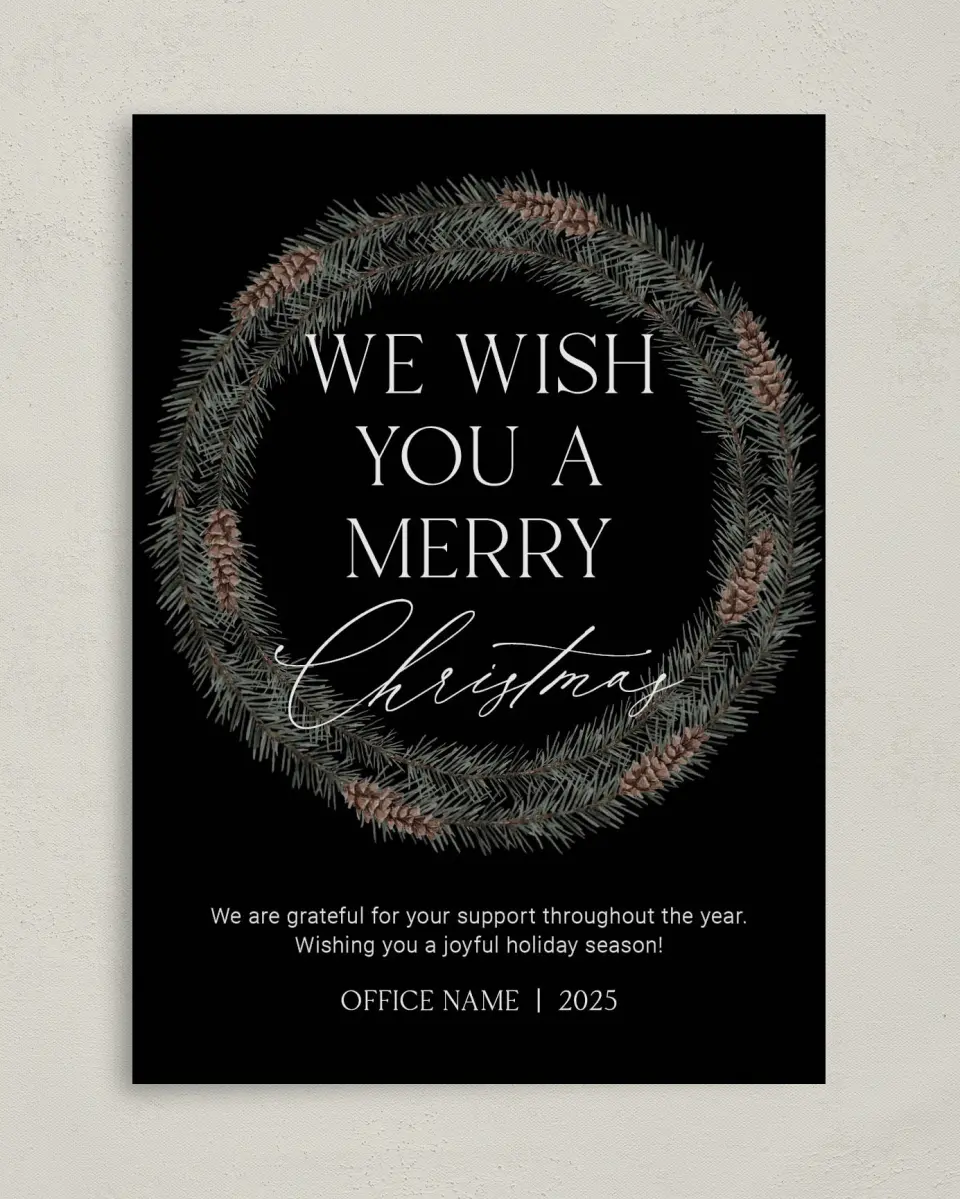 This is a 5" x 7" Christmas Card called Wishful Christmas printed in full color with Gold foil on Soft Suede (coated) paper