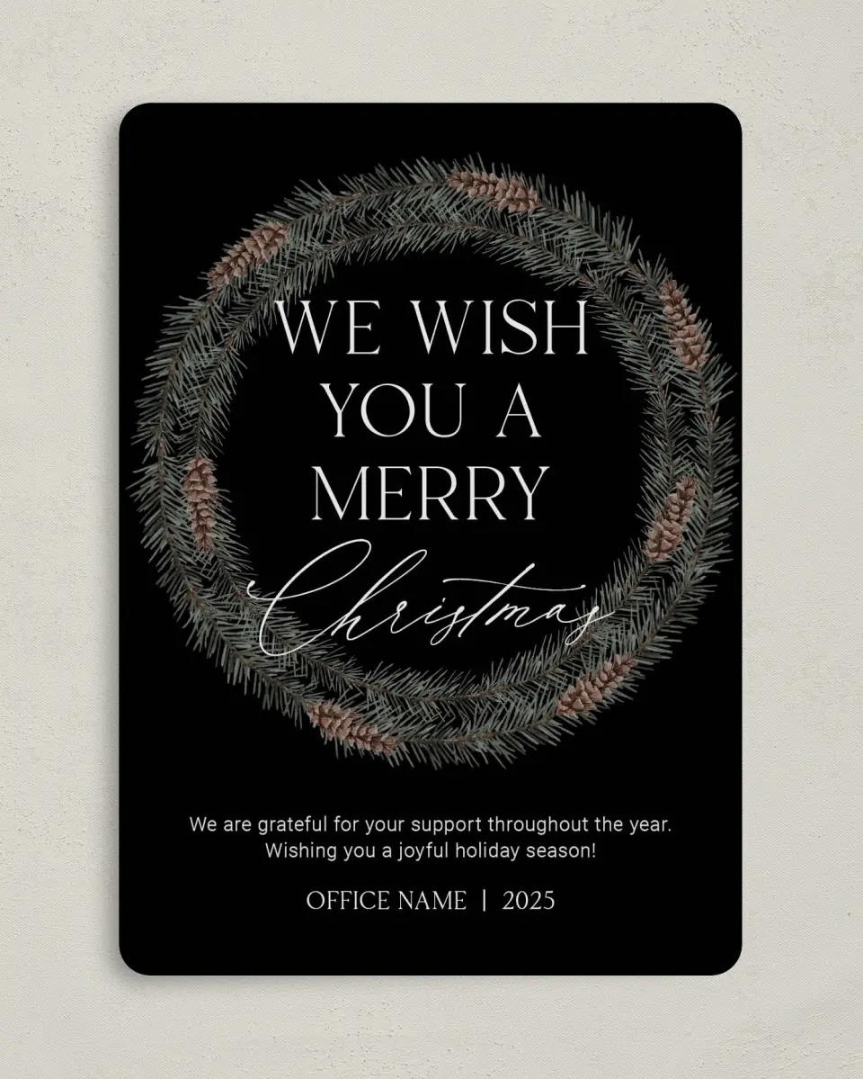 This is a 5" x 7" Christmas Card called Wishful Christmas printed in full color with Rose Gold foil on Soft Suede (coated) paper