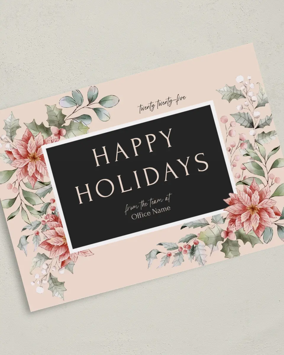 This is a 5" x 7" Christmas Card called Poinsettia Paradise printed in full color on Premium Smooth paper