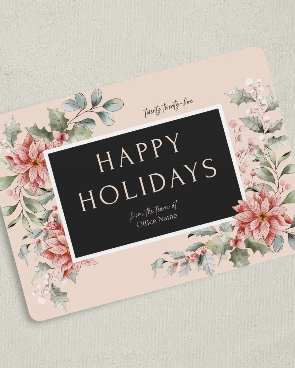 This is a 5" x 7" Christmas Card called Poinsettia Paradise printed in full color on Premium Smooth paper