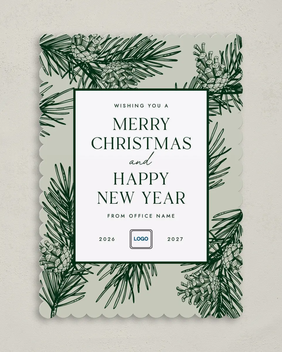 This is a 5" x 7" Christmas Card called Festive Pine printed in full color on Premium Smooth paper on Premium Smooth paper on Premium Smooth paper