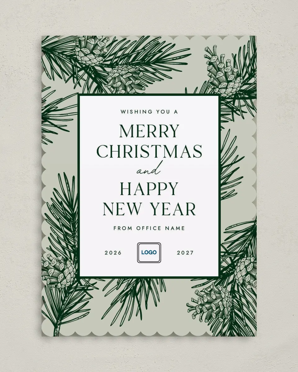 This is a 5" x 7" Christmas Card called Festive Pine printed in full color on Premium Smooth paper on Premium Smooth paper on Premium Smooth paper