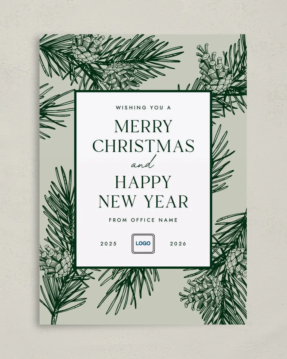 This is a 5" x 7" Christmas Card called Festive Pine printed in full color with Gold foil on Soft Suede (coated) paper