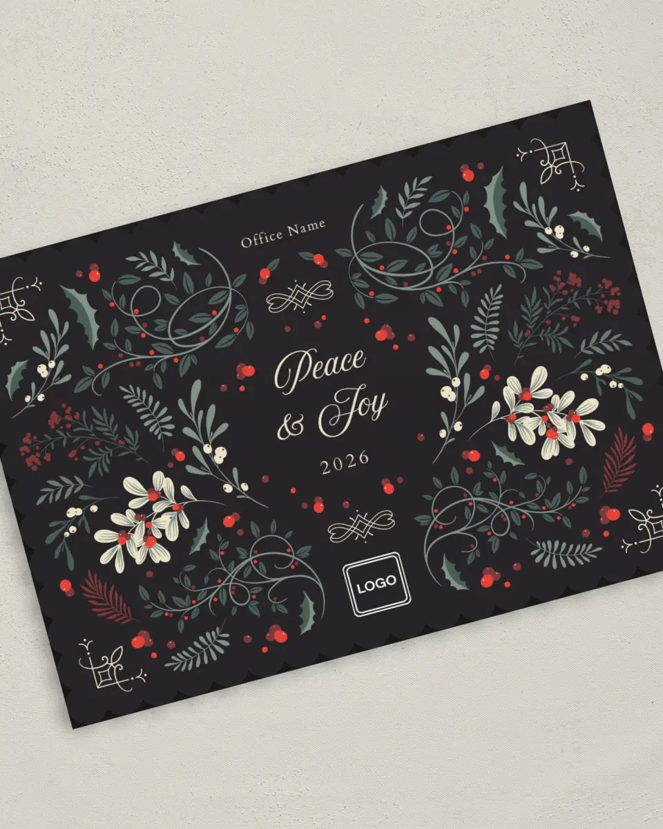 This is a 5" x 7" Christmas Card called Flourishing Peace printed in full color on Premium Smooth paper on Premium Smooth paper on Premium Smooth paper