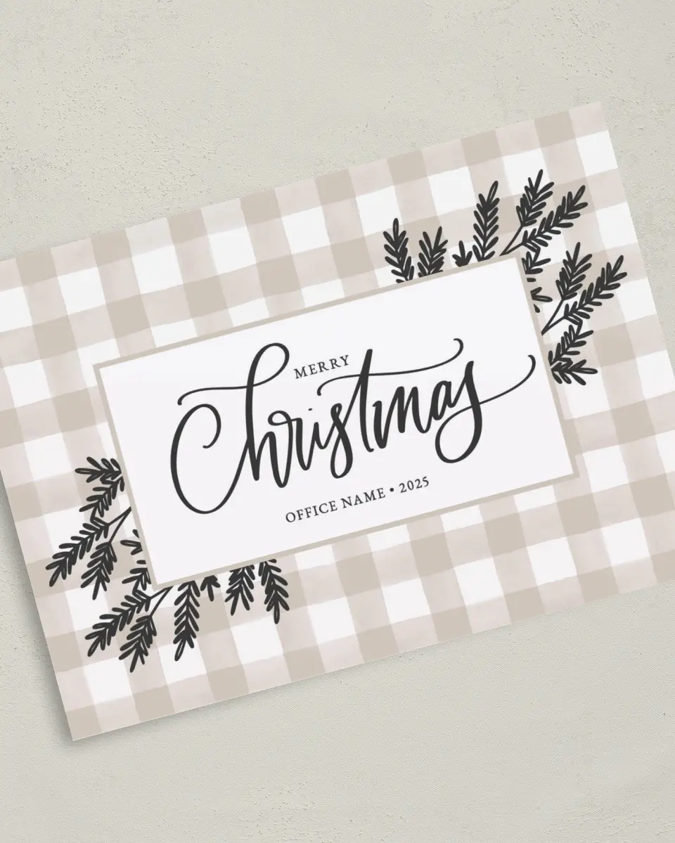 This is a 5" x 7" Christmas Card called Farmhouse Christmas printed in full color with Silver foil on Soft Suede (coated) paper