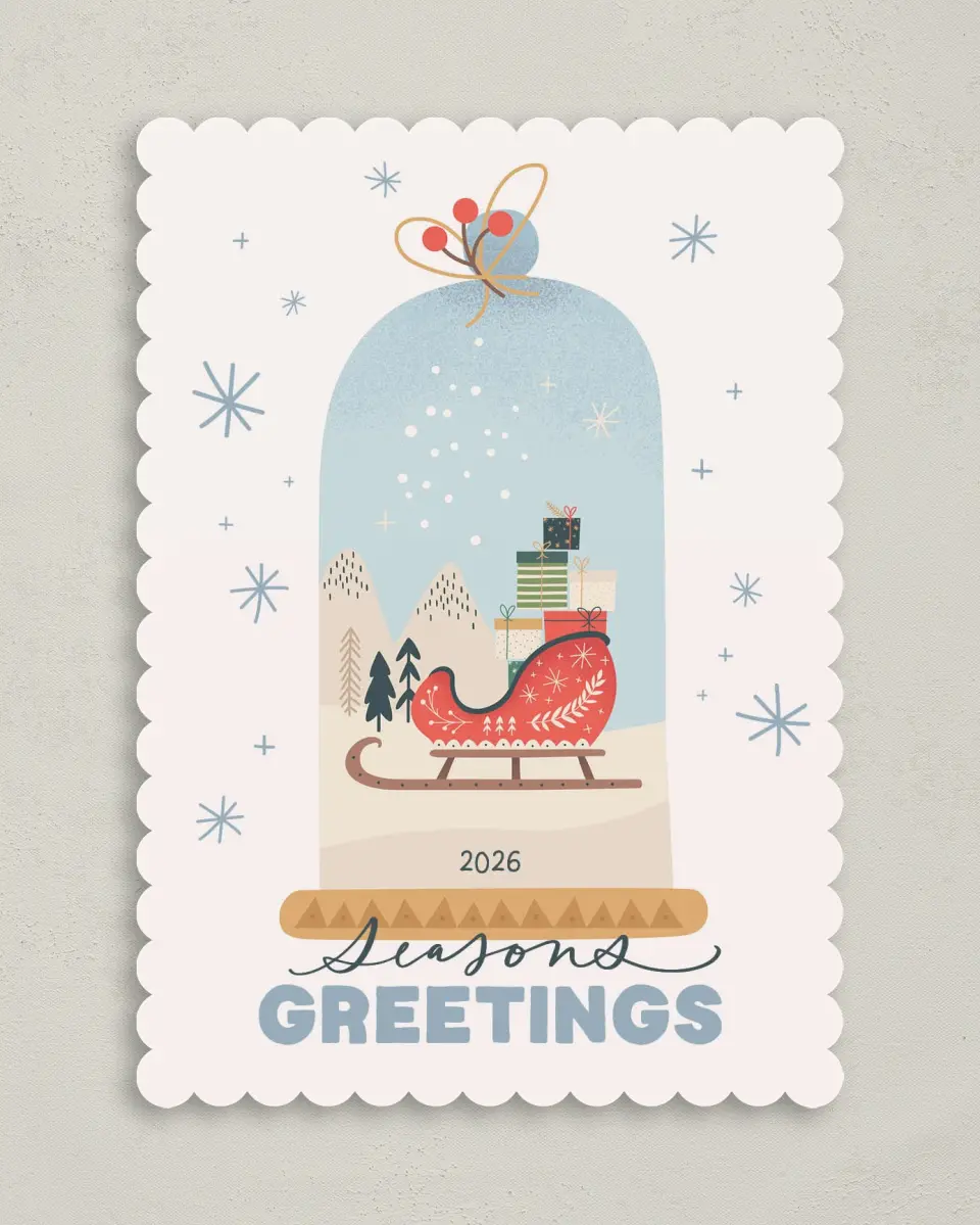 This is a 5" x 7" Christmas Card called Seasonal Snow Globe printed in full color on Premium Smooth paper on Premium Smooth paper on Premium Smooth paper