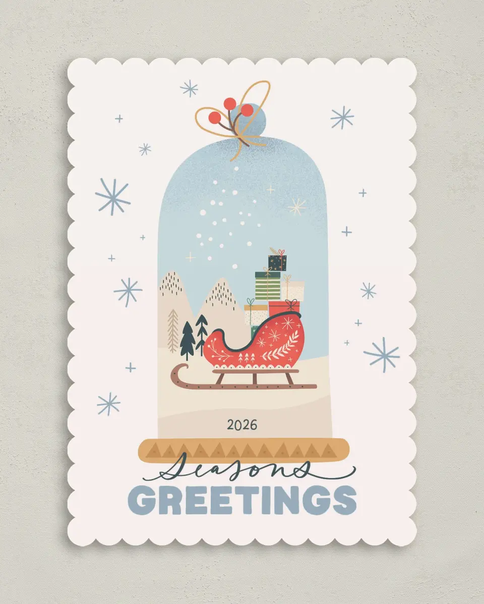 This is a 5" x 7" Christmas Card called Seasonal Snow Globe printed in full color on Premium Smooth paper on Premium Smooth paper on Premium Smooth paper