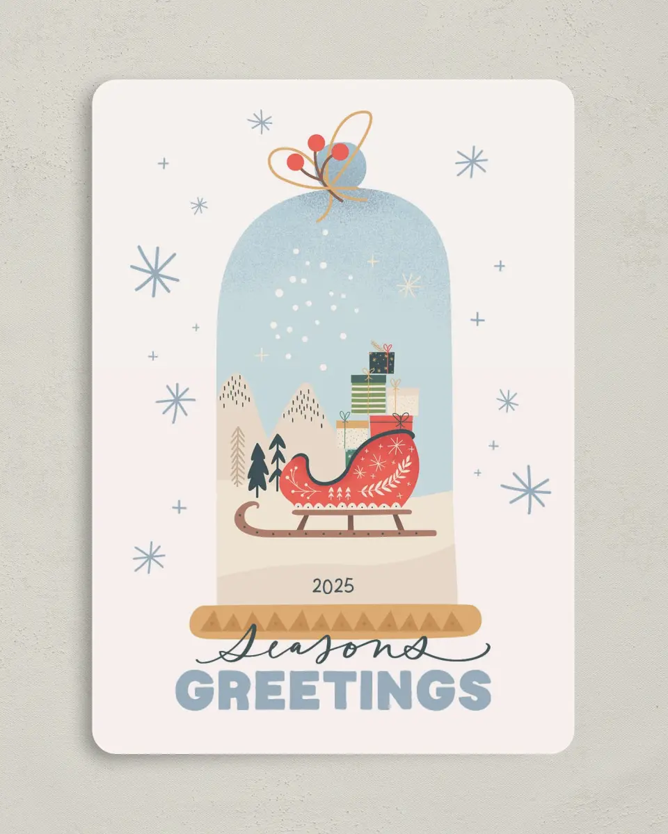 This is a 5" x 7" Christmas Card called Seasonal Snow Globe printed in full color on Premium Smooth paper