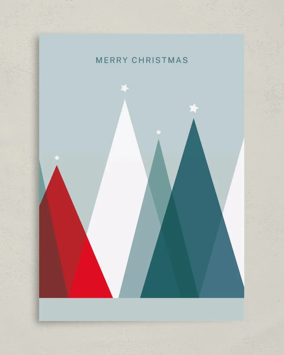 This is a 5" x 7" Christmas Card called Transparent Trees printed in full color with Silver foil on Soft Suede (coated) paper
