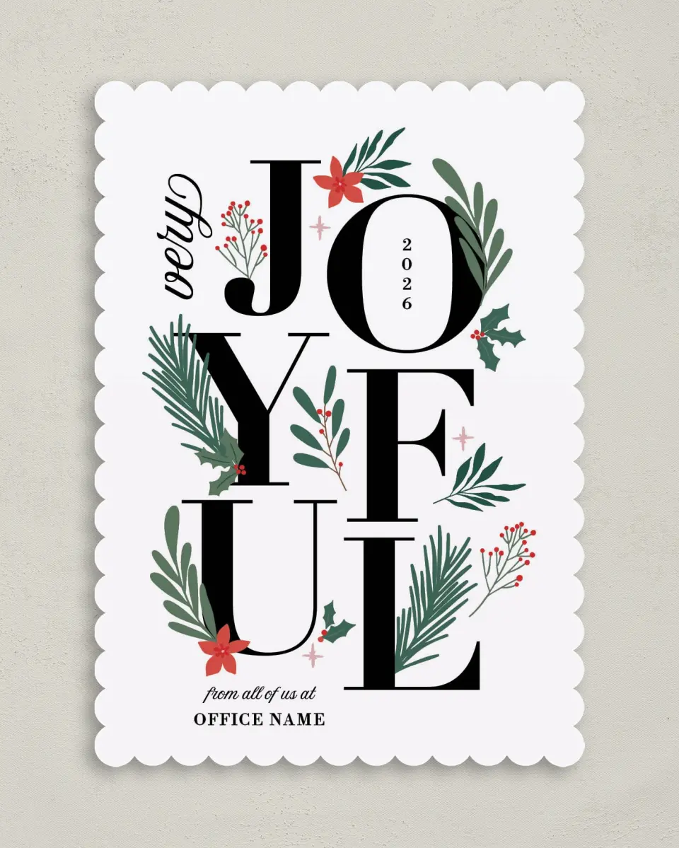 This is a 5" x 7" Christmas Card called Joyful Boughs printed in full color on Premium Smooth paper on Premium Smooth paper on Premium Smooth paper