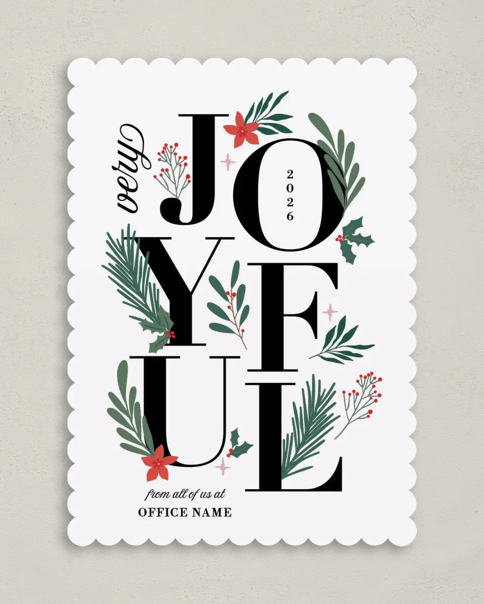 This is a 5" x 7" Christmas Card called Joyful Boughs printed in full color on Premium Smooth paper on Premium Smooth paper on Premium Smooth paper