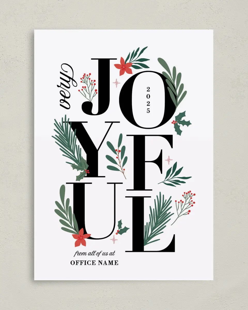 This is a 5" x 7" Christmas Card called Joyful Boughs printed in full color with Gold foil on Soft Suede (coated) paper