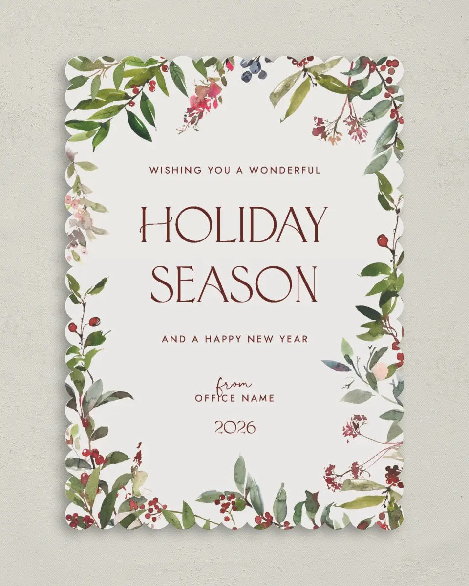 This is a 5" x 7" Christmas Card called Seasonal Berries printed in full color on Premium Smooth paper on Premium Smooth paper on Premium Smooth paper