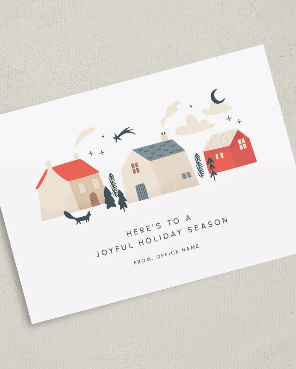 This is a 5" x 7" Christmas Card called Cozy Village printed in full color with Gold foil on Soft Suede (coated) paper
