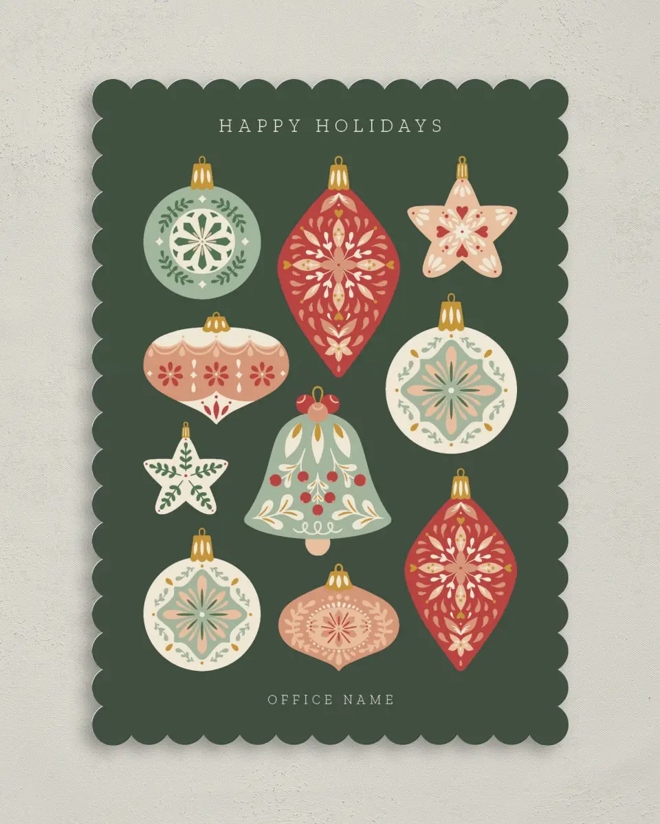 This is a 5" x 7" Christmas Card called Ornate Ornaments printed in full color on Premium Smooth paper on Premium Smooth paper on Premium Smooth paper