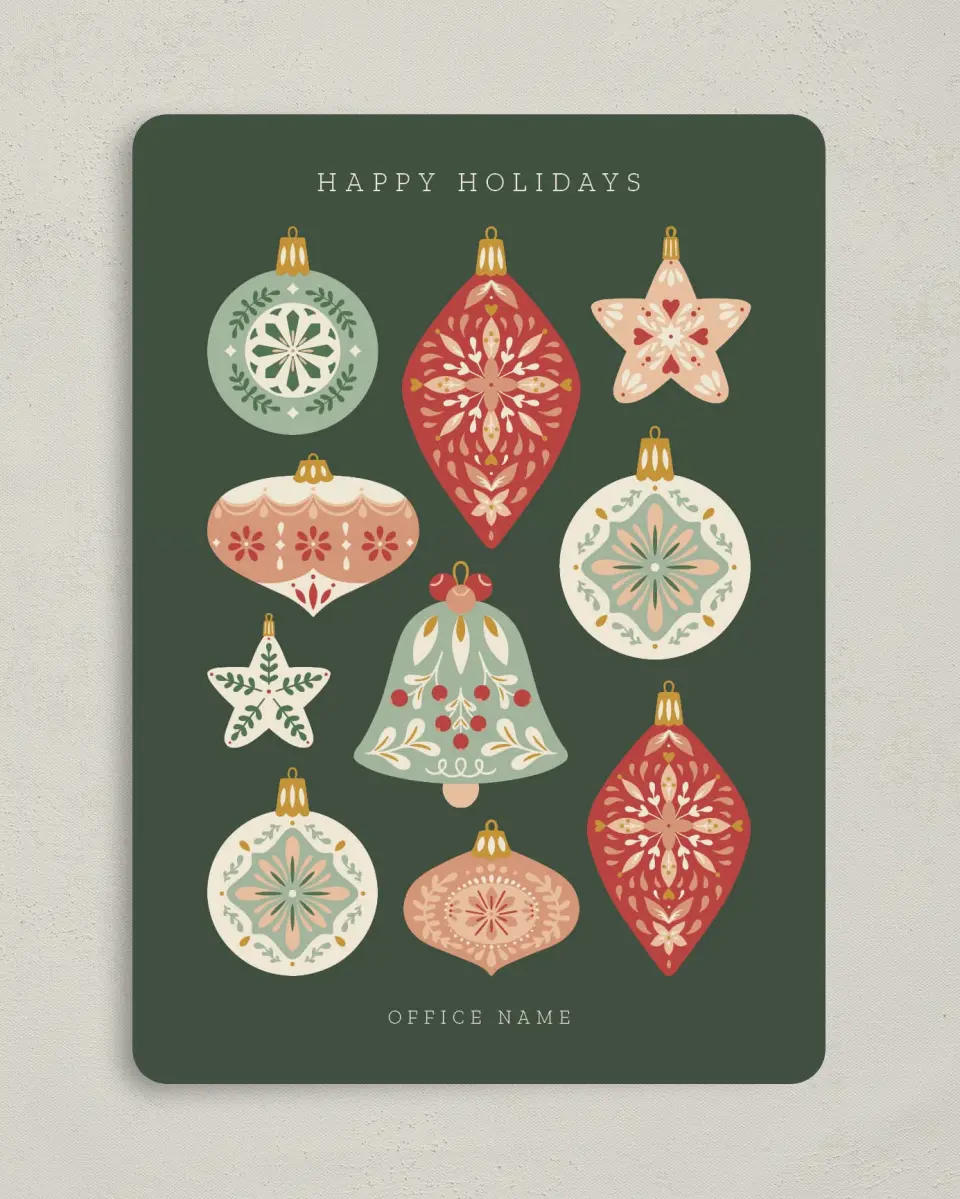 This is a 5" x 7" Christmas Card called Ornate Ornaments printed in full color with Rose Gold foil on Soft Suede (coated) paper