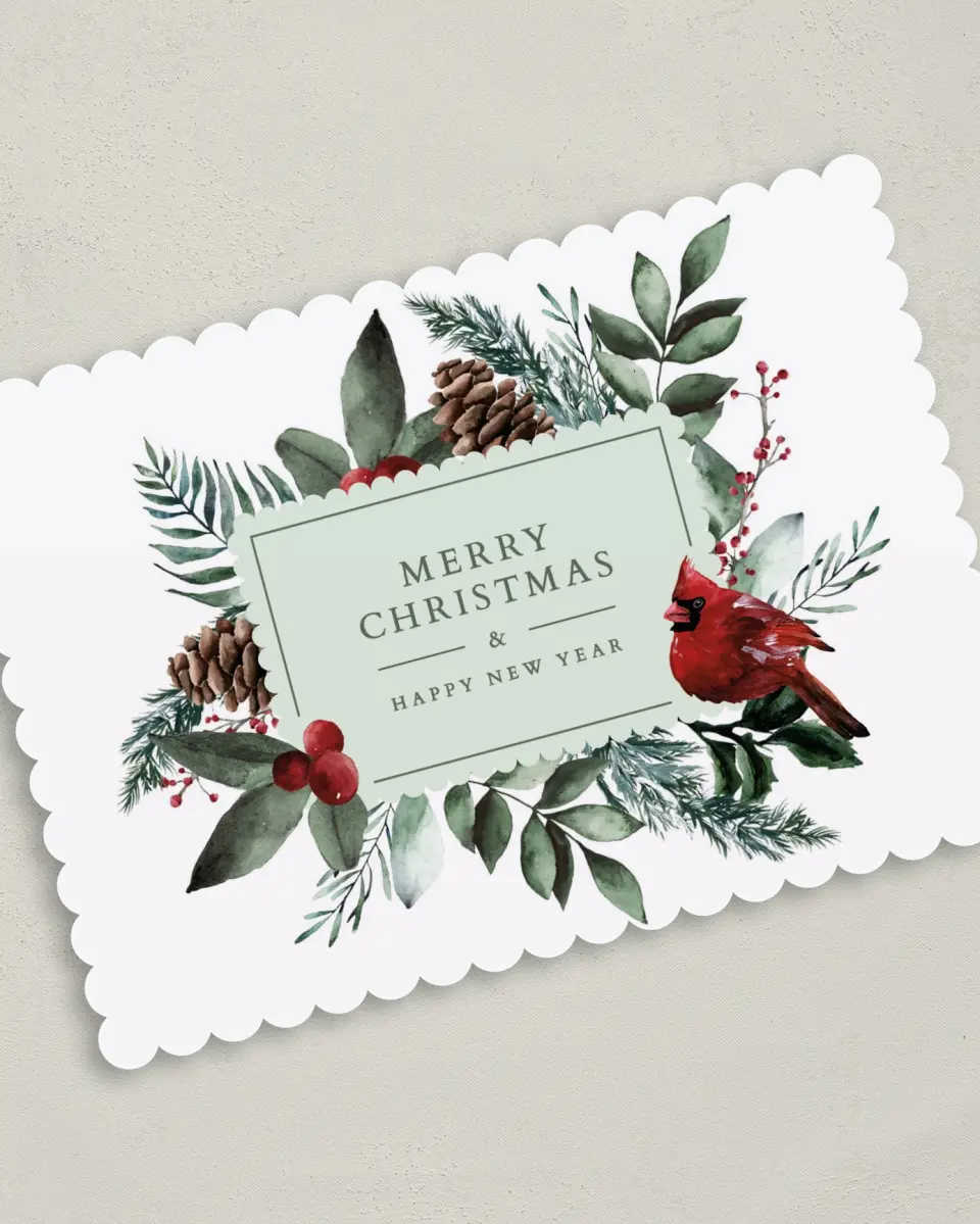 This is a 5" x 7" Christmas Card called Christmas Cardinal printed in full color on Premium Smooth paper on Premium Smooth paper on Premium Smooth paper