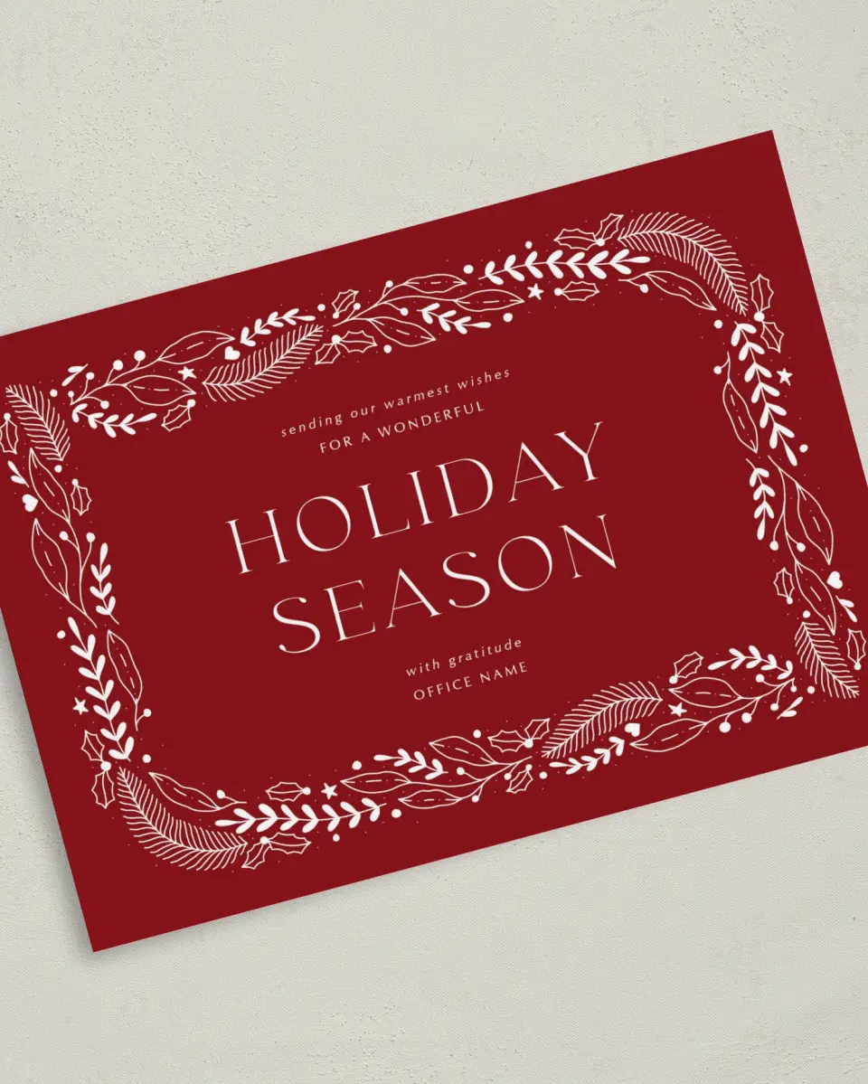 This is a 5" x 7" Christmas Card called Seasonal Spirit printed in full color with Silver foil on Soft Suede (coated) paper