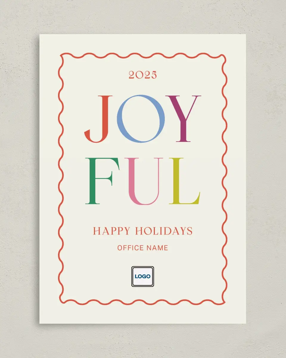 This is a 5" x 7" Christmas Card called Joyful Christmas printed in full color with Rose Gold foil on Soft Suede (coated) paper