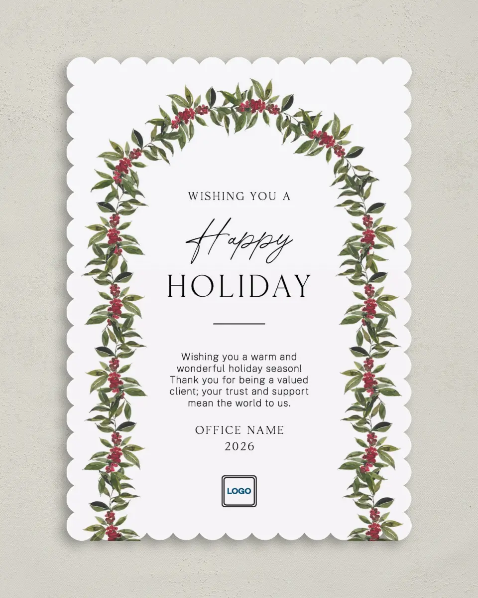 This is a 5" x 7" Christmas Card called Holly Harmony printed in full color on Premium Smooth paper on Premium Smooth paper on Premium Smooth paper
