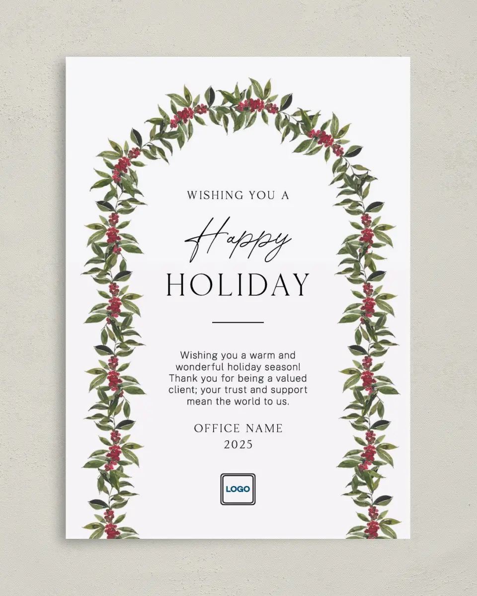 This is a 5" x 7" Christmas Card called Holly Harmony printed in full color on Premium Smooth paper