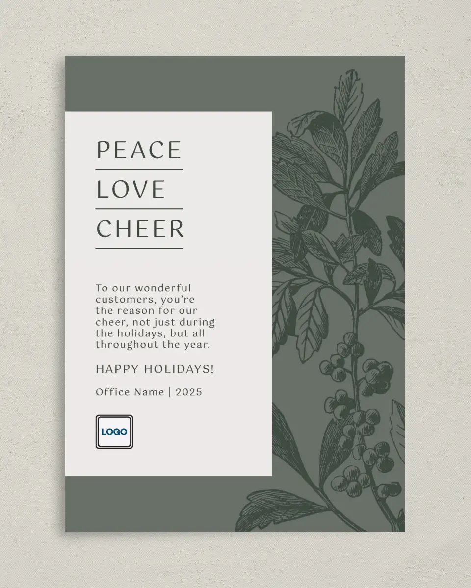 This is a 5" x 7" Christmas Card called Festive Tranquility printed in full color with Rose Gold foil on Soft Suede (coated) paper