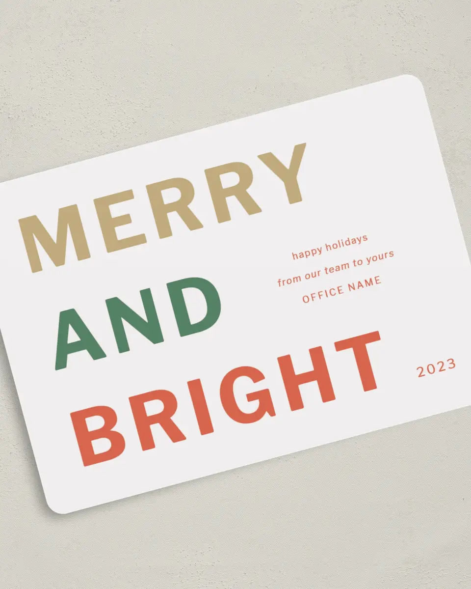 This is a 5" x 7" Christmas Card called Merry and Bright printed in full color with Rose Gold foil on Soft Suede (coated) paper