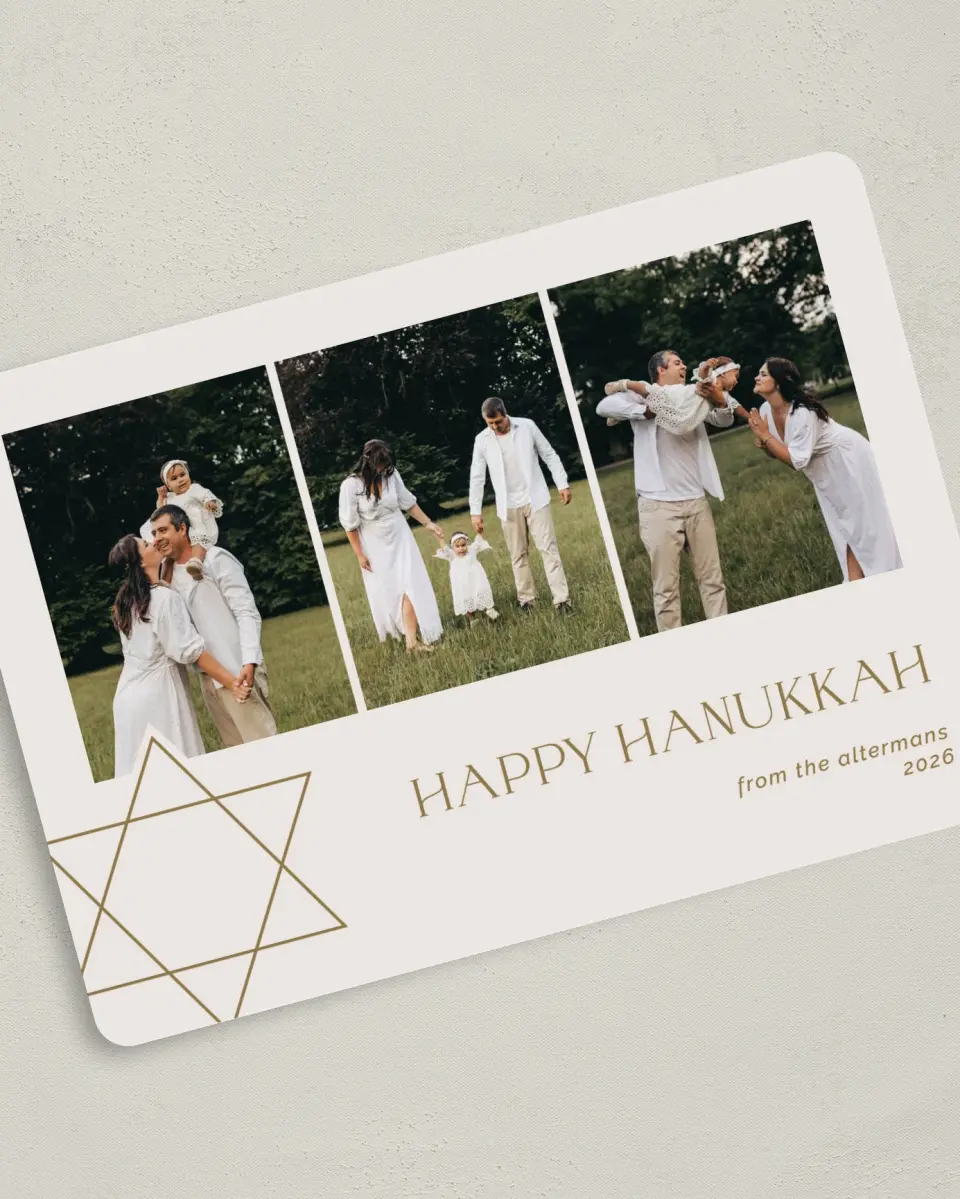 This is a 5" x 7" Hanukkah Card called Golden Starlight printed in full color with Silver foil on Luxe Satin (coated) paper