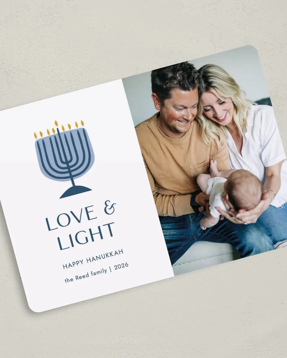 This is a 5" x 7" Hanukkah Card called Hanukkah Blessing printed in full color with Silver foil on Luxe Satin (coated) paper