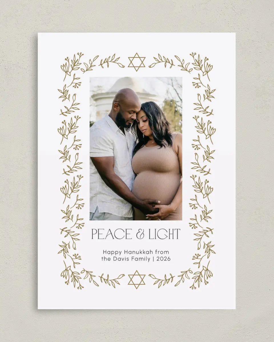 This is a 5" x 7" Hanukkah Card called Blooming Miracles printed in full color with Silver foil on Luxe Satin (coated) paper