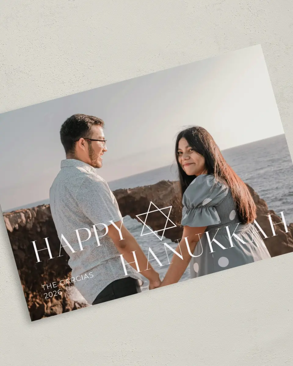 This is a 5" x 7" Hanukkah Card called Newlywed Radiance printed in full color with Silver foil on Luxe Satin (coated) paper