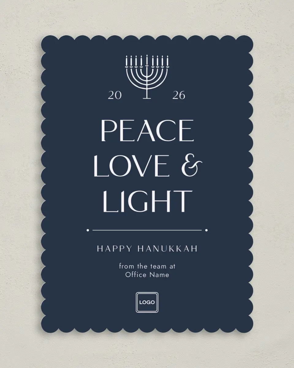 This is a 5" x 7" Christmas Card called Peace, Love & Light printed in full color on Premium Smooth paper on Premium Smooth paper on Premium Smooth paper