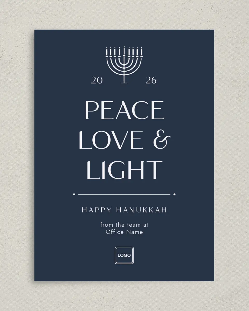 This is a 5" x 7" Christmas Card called Peace, Love & Light printed in full color on Premium Smooth paper