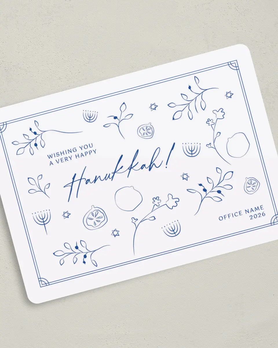 This is a 5" x 7" Hanukkah Card called Happy Hanukkah printed in full color with Silver foil on Luxe Satin (coated) paper
