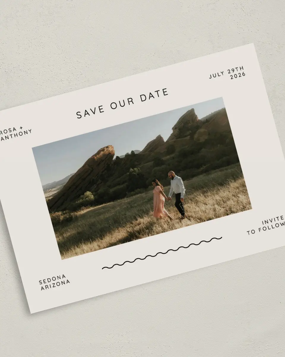 This is a 5" x 7" Save the Date Card called Desert Oasis printed in full color with Silver foil on Luxe Satin (coated) paper