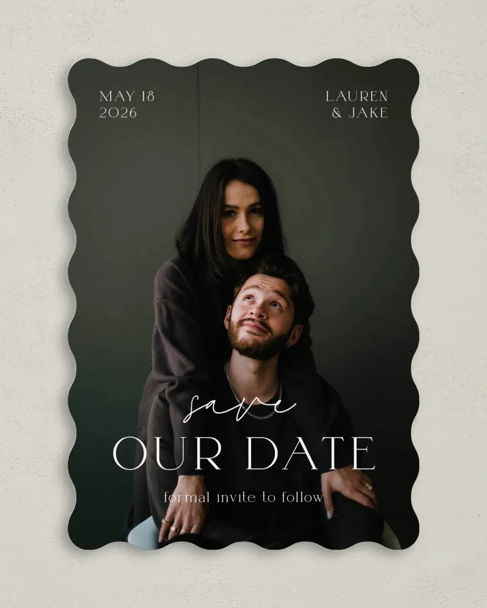 This is a 5" x 7" Save the Date Card called Sincere Sweetness printed in full color on Premium Smooth paper
