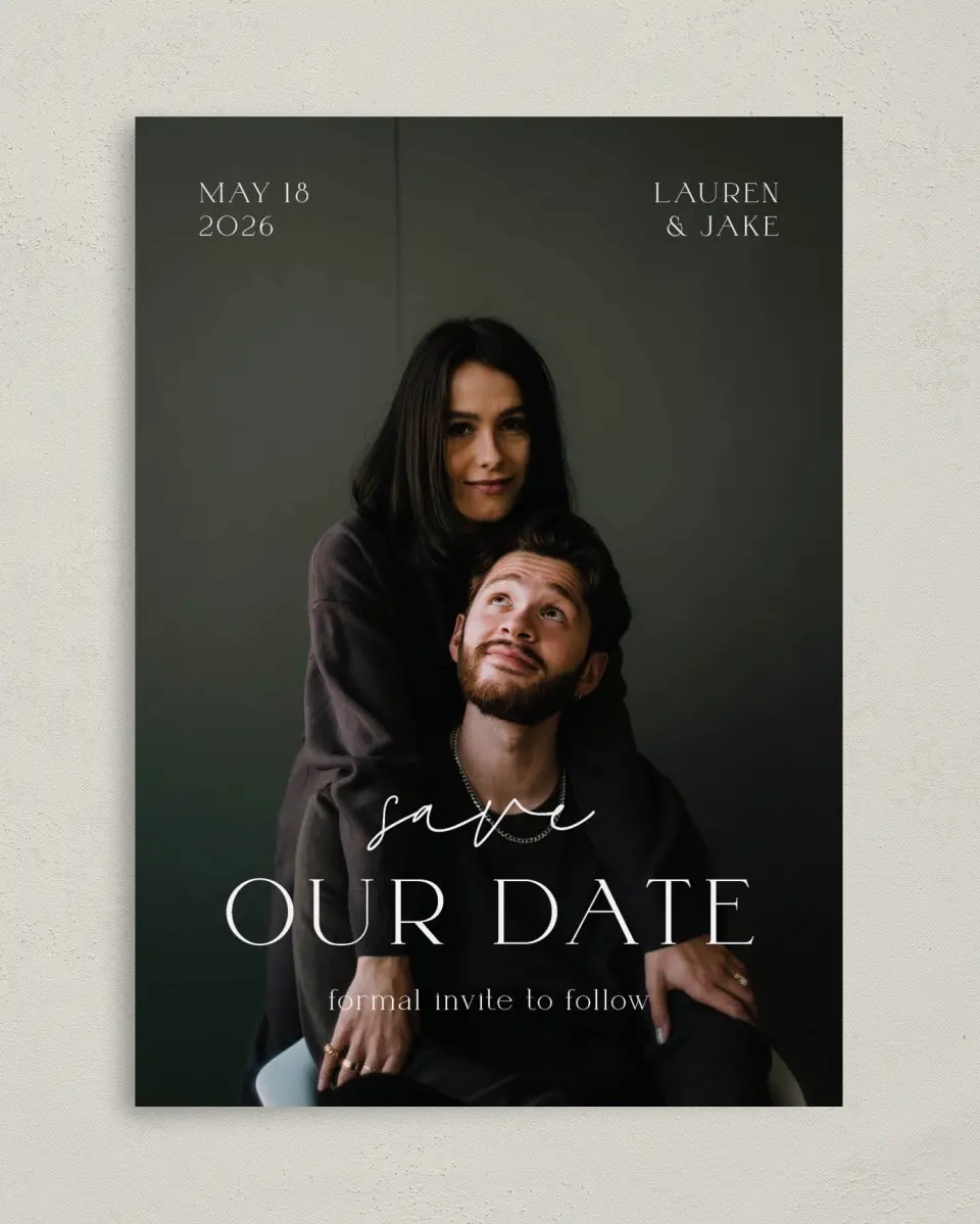 This is a 5" x 7" Save the Date Card called Sincere Sweetness printed in full color on Premium Smooth paper