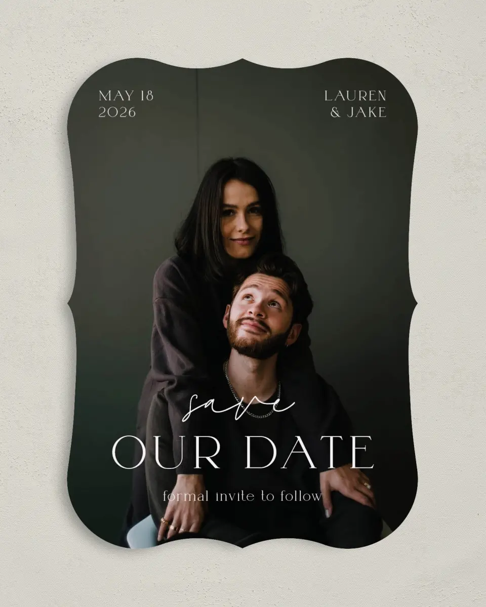 This is a 5" x 7" Save the Date Card called Sincere Sweetness printed in full color on Premium Smooth paper
