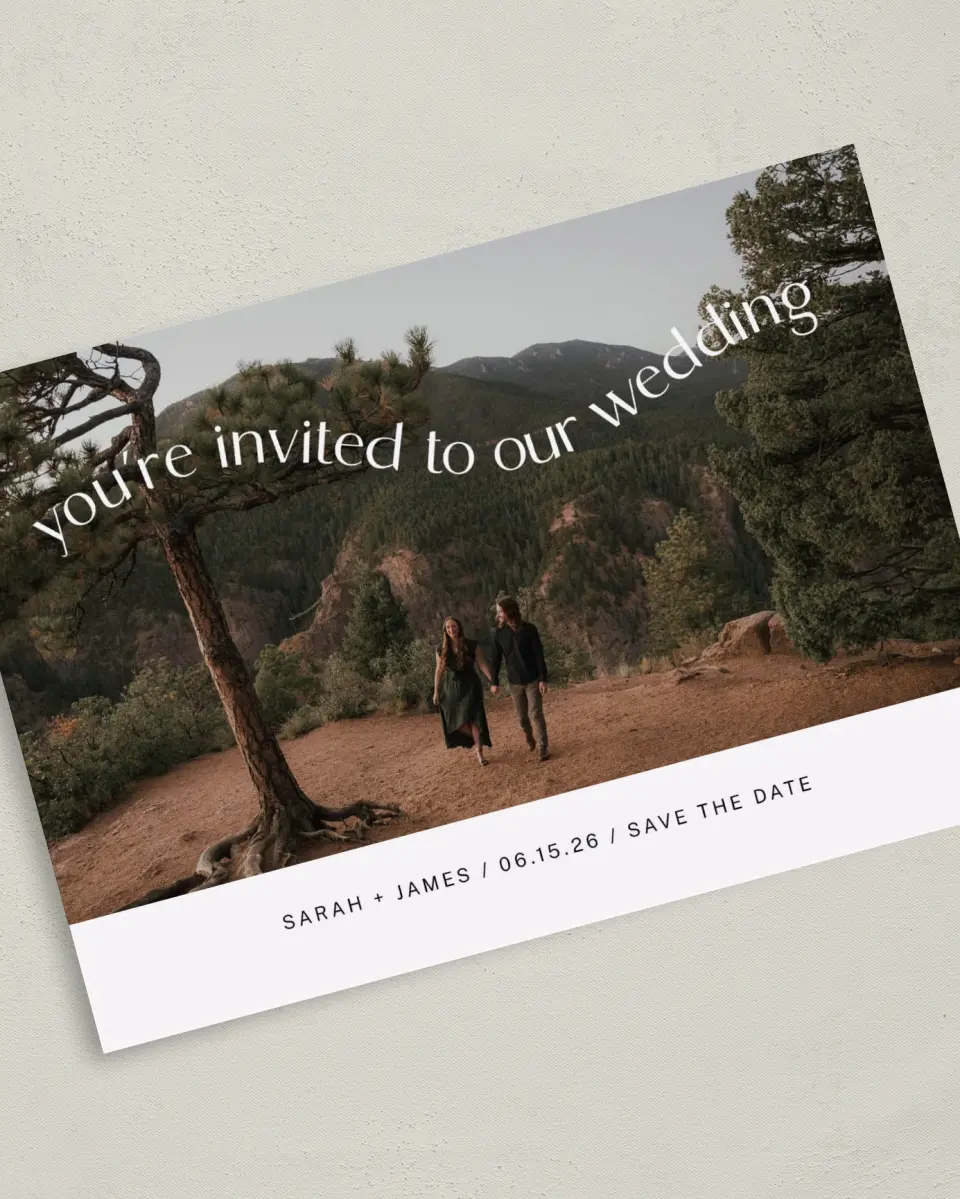 This is a 5" x 7" Save the Date Card called Winding Wed printed in full color on Premium Smooth paper