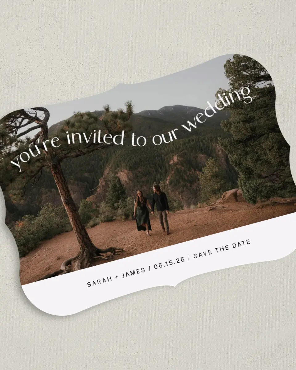This is a 5" x 7" Save the Date Card called Winding Wed printed in full color on Premium Smooth paper