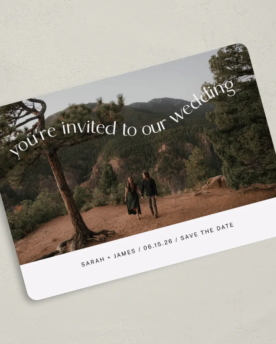 This is a 5" x 7" Save the Date Card called Winding Wed printed in full color on Premium Smooth paper