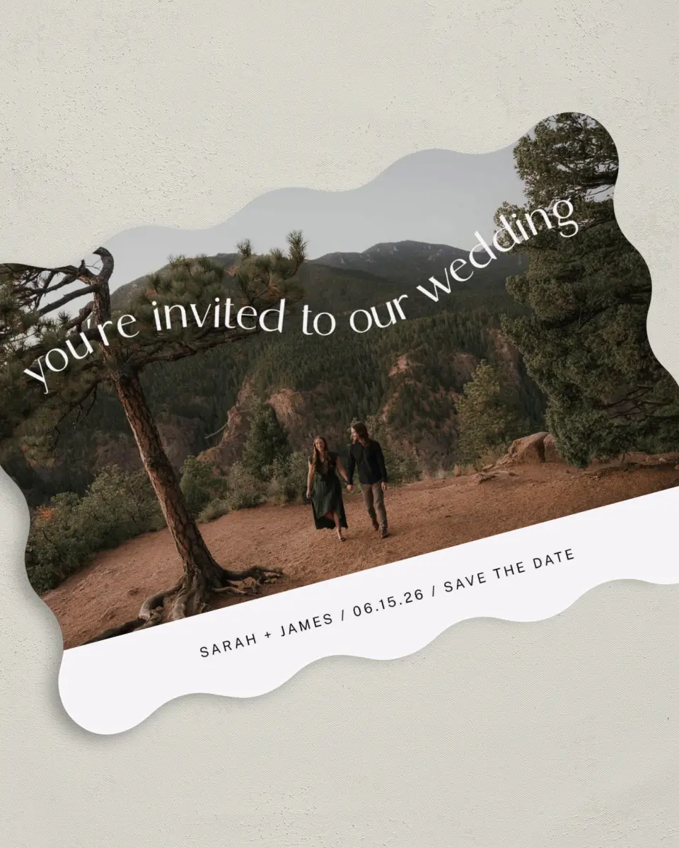 This is a 5" x 7" Save the Date Card called Winding Wed printed in full color with Rose Gold foil on Luxe Satin (coated) paper