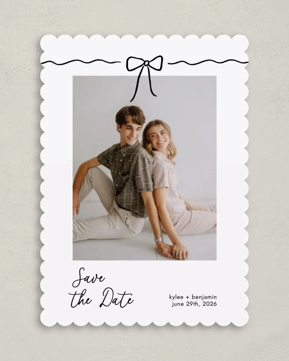 This is a 5" x 7" Save the Date Card called Bows and Bliss printed in full color on Premium Smooth paper