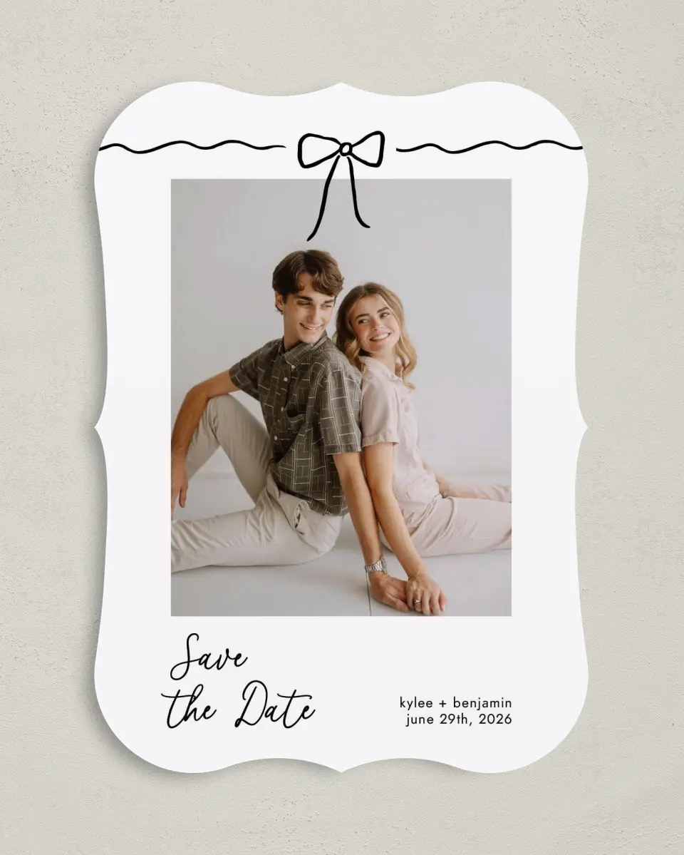 This is a 5" x 7" Save the Date Card called Bows and Bliss printed in full color on Premium Smooth paper
